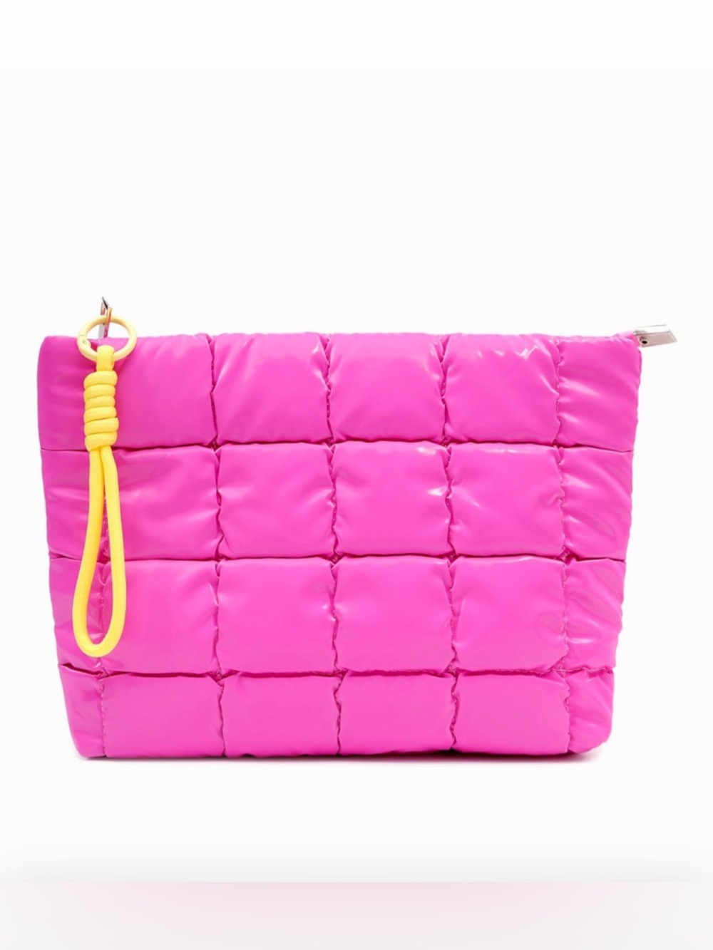♥️💖 Large Hot Pink Puffer Bag Removable Yellow Wristlet Strap Makeup NWT